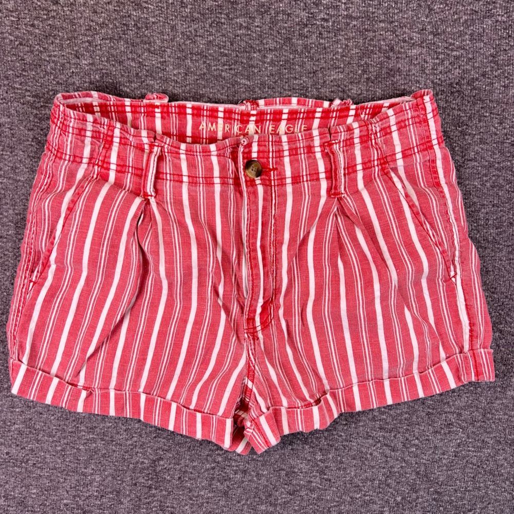 American Eagle Outfitters Shorts Womens 10 Red White Stripe Linen Beach Vacation